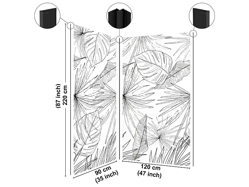 Pack aluminium : 2 panneaux muraux de douche + 1 crédence de salle de bain - Motif floral et végétal noir et blanc - Modèle Lamnar