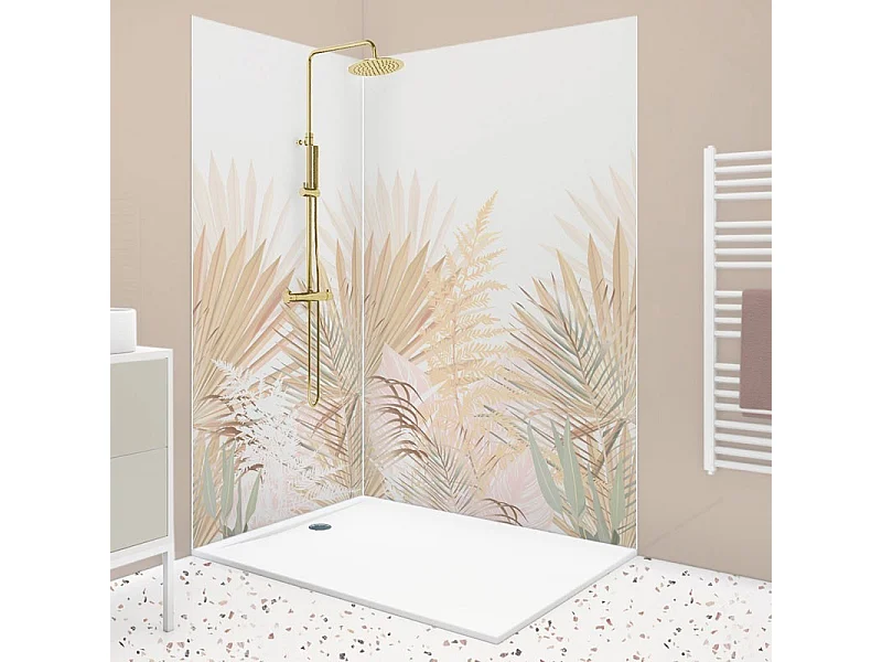 Pack aluminium : 2 panneaux muraux de douche + 1 crédence de salle de bain - Motif végétal beige, rosé et vert - Modèle Gaïa