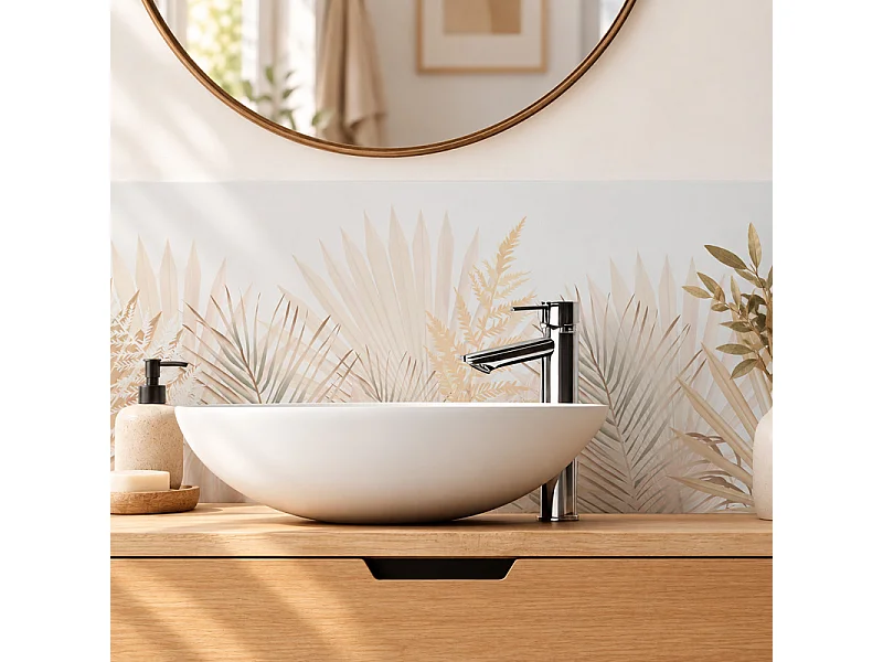 Pack aluminium : 2 panneaux muraux de douche + 1 crédence de salle de bain - Motif végétal beige, rosé et vert - Modèle Gaïa