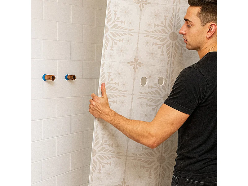 Panneau mural douche aluminium - Lot de 2 : 90 et 120 x 220 cm + profilés blancs - effet carreaux de ciment beige - Corolle