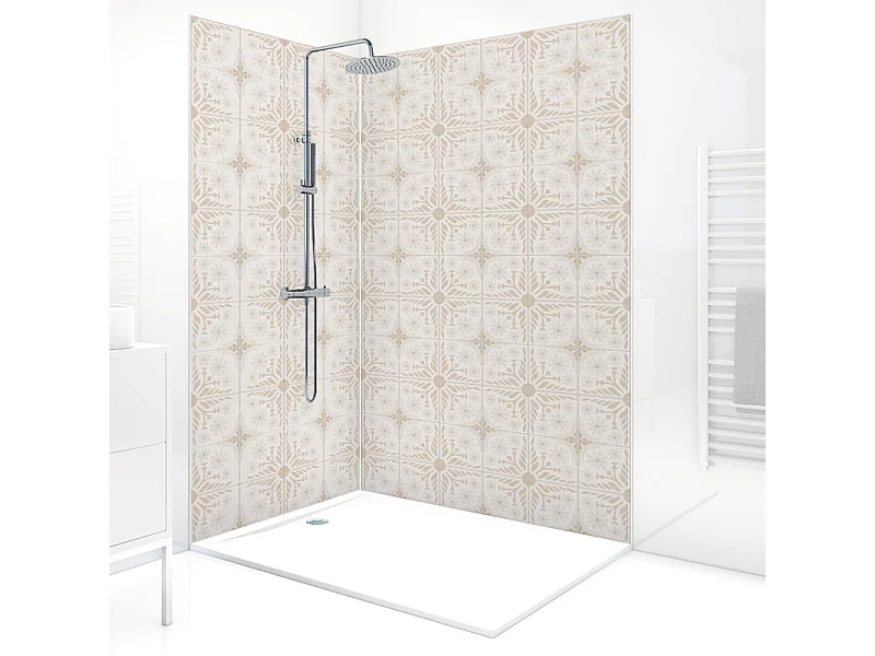 Panneau mural douche aluminium - Lot de 2 : 90 et 120 x 220 cm + profilés blancs - effet carreaux de ciment beige - Corolle