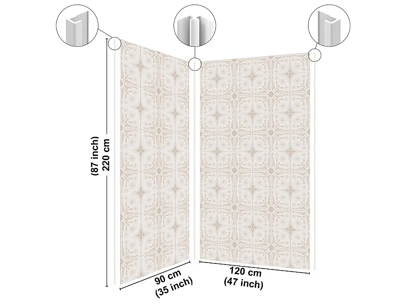 Panneau mural douche aluminium - Lot de 2 : 90 et 120 x 220 cm + profilés blancs - effet carreaux de ciment beige - Corolle