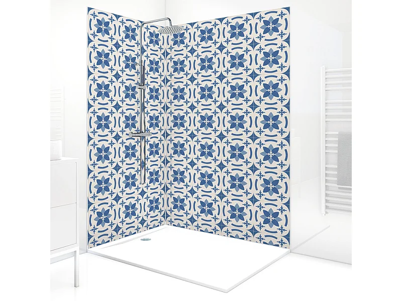 Panneau mural douche aluminium - Lot de 2 : 90 et 120 x 220 cm + profilés blancs - effet carreaux de ciment bleu - Dahlia