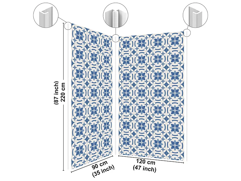 Panneau mural douche aluminium - Lot de 2 : 90 et 120 x 220 cm + profilés blancs - effet carreaux de ciment bleu - Dahlia