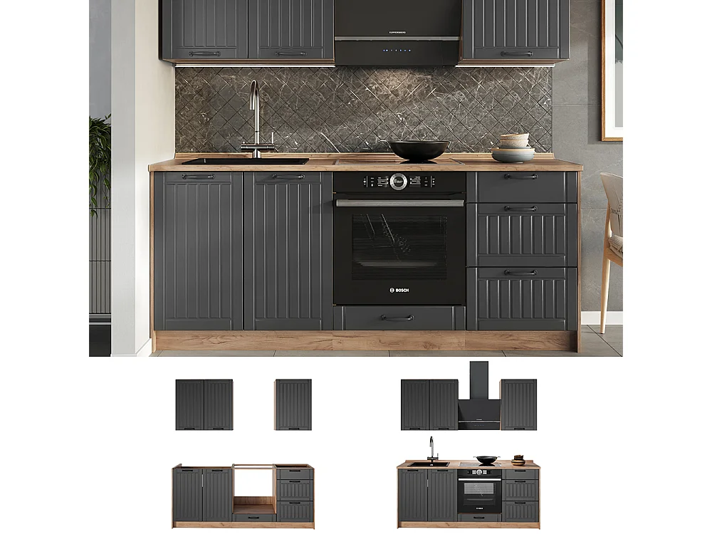 Cuisine gris foncé/chêne de force doré 190x60x82 fame-line