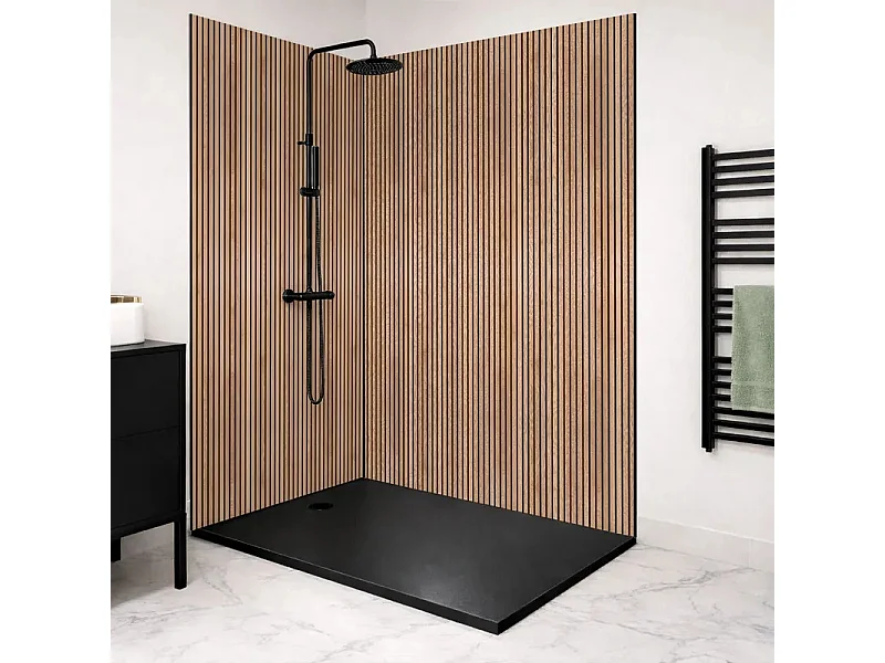 Pack aluminium : 2 panneaux muraux de douche + 1 crédence de salle de bain - Effet tasseaux de bois naturel marron et noir - Modèle Japandi