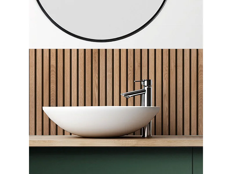 Pack aluminium : 2 panneaux muraux de douche + 1 crédence de salle de bain - Effet tasseaux de bois naturel marron et noir - Modèle Japandi