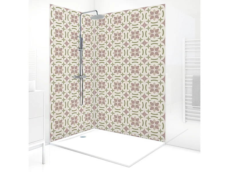 Panneau mural douche PVC - Lot de 2 : 90 et 120 x 220 cm + profilés blancs - Effet carreaux de ciment rose - Dahlia