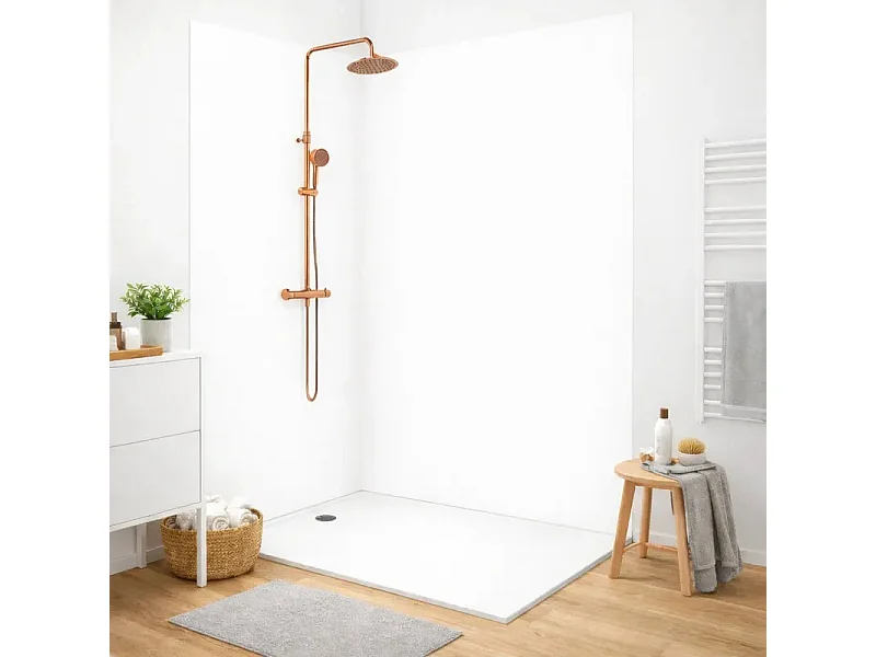 Pack PVC : 2 panneaux muraux de douche + 1 crédence de salle de bain - Uni blanc - Modèle Essentiel