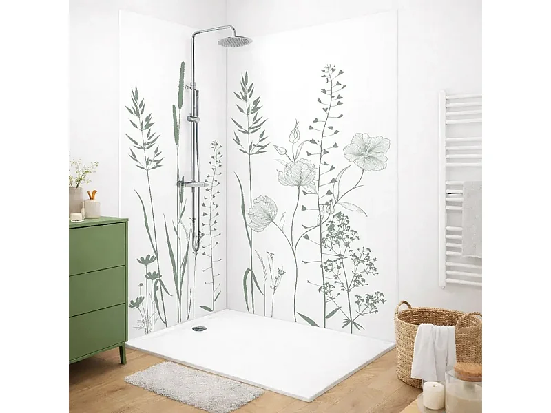 Pack PVC : 2 panneaux muraux de douche + 2 crédences de salle de bain - Motif floral et végétal vert - Modèle Végétalist