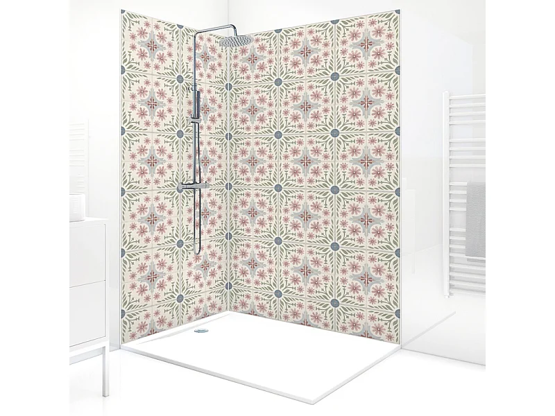 Panneau mural douche aluminium - Lot de 2 : 90 et 120 x 220 cm + profilés blancs - effet carreaux de ciment rose - Corolle