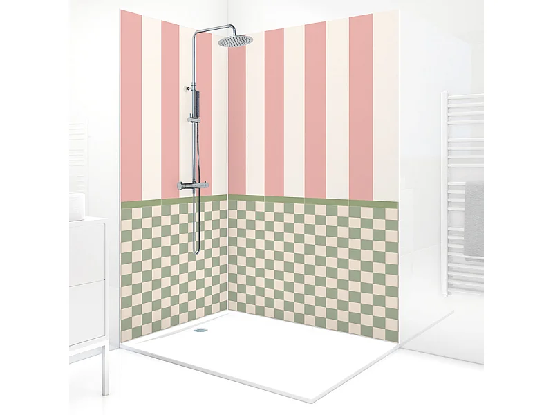 Panneau mural douche aluminium - Lot de 2 : 90 et 120 x 220 cm + profilés blancs - design et graphique vert sauge - Quadretti