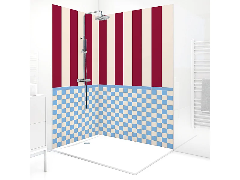 Panneau mural douche aluminium - Lot de 2 : 90 et 120 x 220 cm + profilés blancs - design et graphique bleu - Quadretti