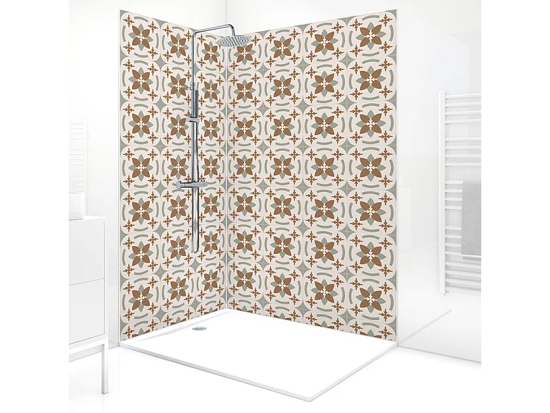 Panneau mural douche aluminium - Lot de 2 : 90 et 120 x 220 cm + profilés blancs - effet carreaux de ciment vert sauge - Dahlia