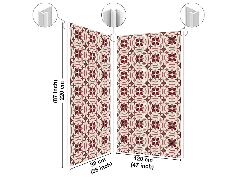 Panneau mural douche aluminium - Lot de 2 : 90 et 120 x 220 cm + profilés blancs - effet carreaux de ciment bordeaux - Dahlia