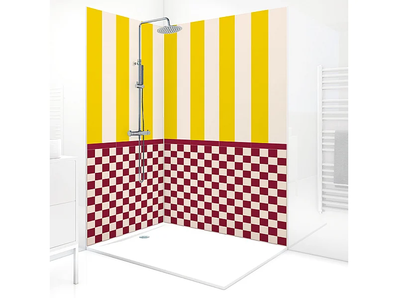 Panneau mural douche aluminium - Lot de 2 : 90 et 120 x 220 cm + profilés blancs - design et graphique bordeaux - Quadretti