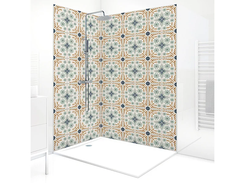 Panneau mural douche aluminium - Lot de 2 : 90 et 120 x 220 cm + profilés blancs - effet carreaux de ciment orange - Corolle