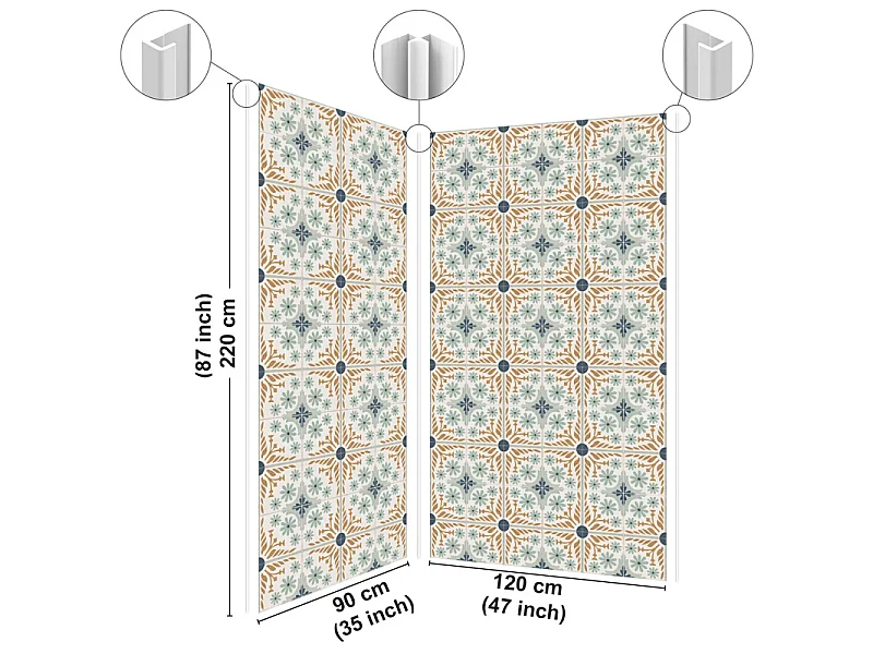 Panneau mural douche aluminium - Lot de 2 : 90 et 120 x 220 cm + profilés blancs - effet carreaux de ciment orange - Corolle