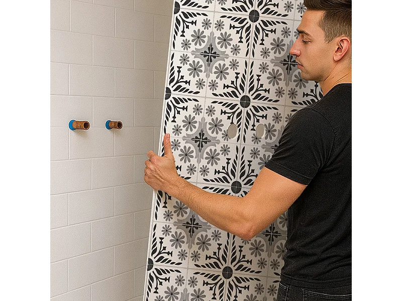 Panneau mural douche aluminium - Lot de 2 : 90 et 120 x 220 cm + profilés noirs - effet carreaux de ciment noir et blanc - Corolle