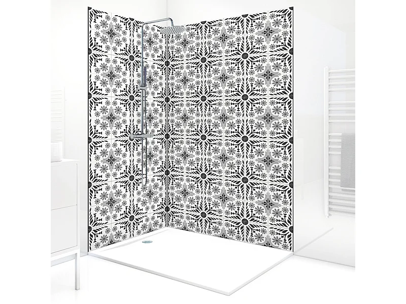 Panneau mural douche aluminium - Lot de 2 : 90 et 120 x 220 cm + profilés noirs - effet carreaux de ciment noir et blanc - Corolle