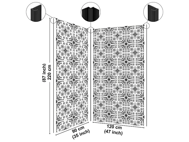 Panneau mural douche aluminium - Lot de 2 : 90 et 120 x 220 cm + profilés noirs - effet carreaux de ciment noir et blanc - Corolle