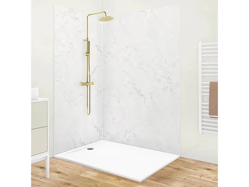 Pack aluminium : 2 panneaux muraux de douche + 1 crédence de salle de bain - Effet marbre blanc et gris - Modèle Marbre