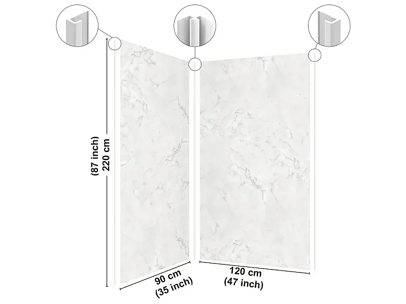 Pack aluminium : 2 panneaux muraux de douche + 1 crédence de salle de bain - Effet marbre blanc et gris - Modèle Marbre