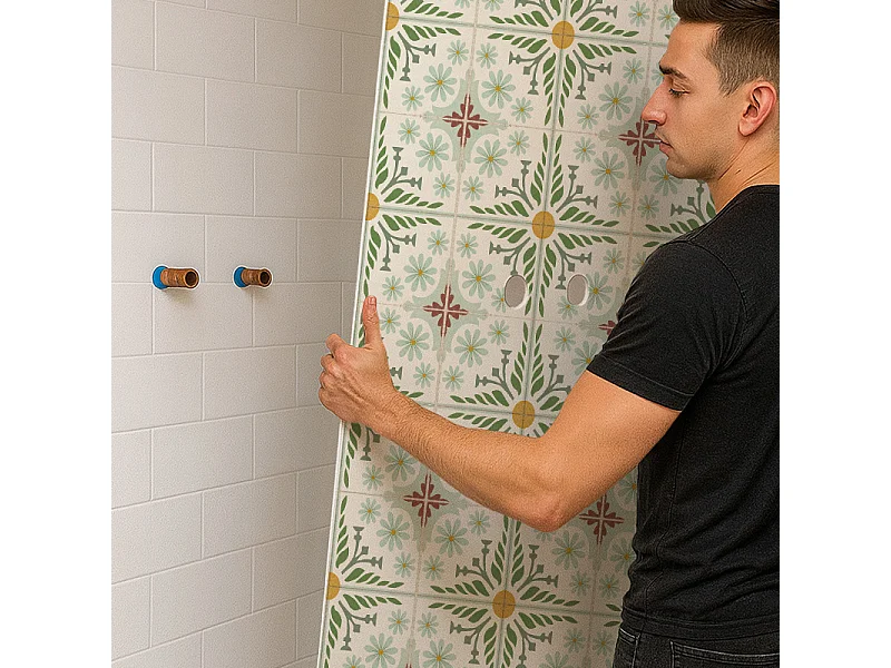 Panneau mural douche aluminium - Lot de 2 : 90 et 120 x 220 cm + profilés blancs - effet carreaux de ciment vert sauge - Corolle