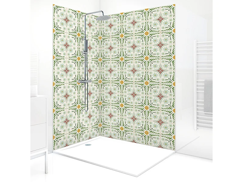 Panneau mural douche aluminium - Lot de 2 : 90 et 120 x 220 cm + profilés blancs - effet carreaux de ciment vert sauge - Corolle