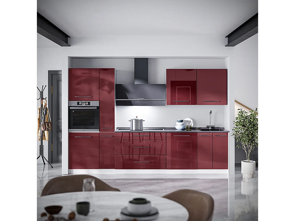 Mueble de cocina rojo burdeos alto brillo/blanco 310x51.6x206.8 fame-line