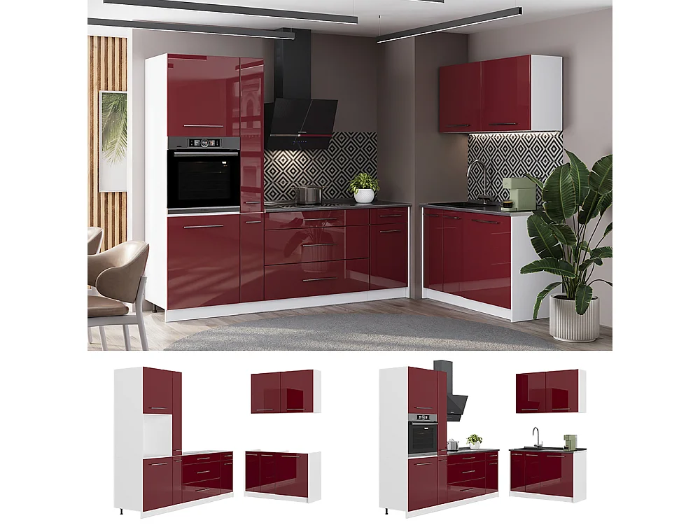 Cuisine rouge bordeaux haute brillance/blanc 220x60x206.8 fame-line