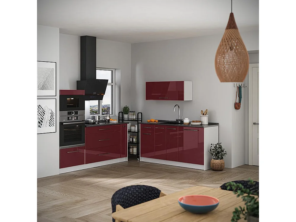 Cocina rojo burdeos alto brillo/blanco 340x60x153.6 fame-line