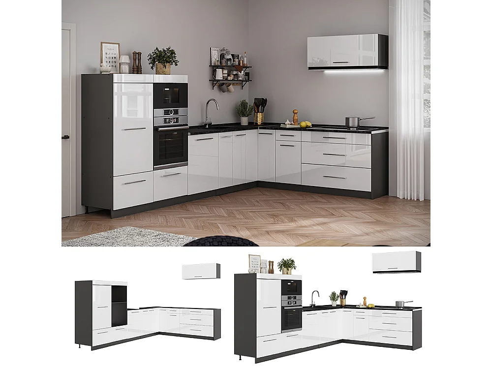 Hörnkök vit högblank/antracit 327x60x153.6 fame-line
