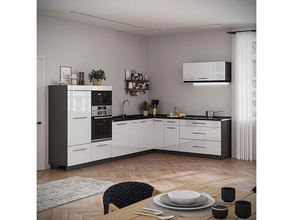 Hörnkök vit högblank/antracit 327x60x153.6 fame-line