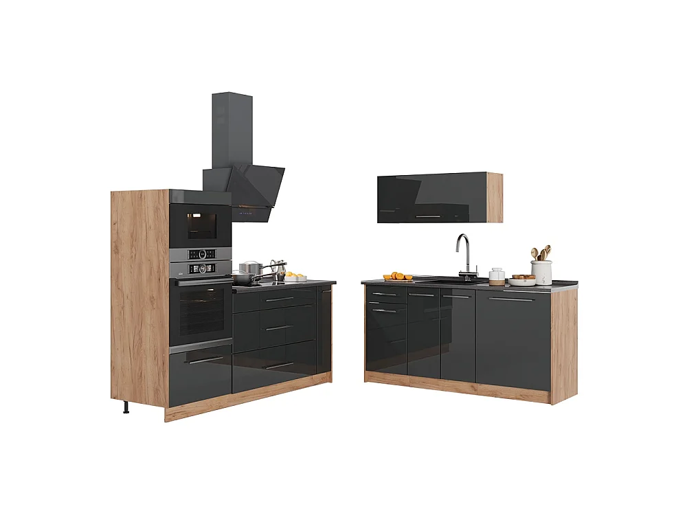 Kuchnia antracyt połysk/dąb goldkraft 340x60x153.6 fame-line