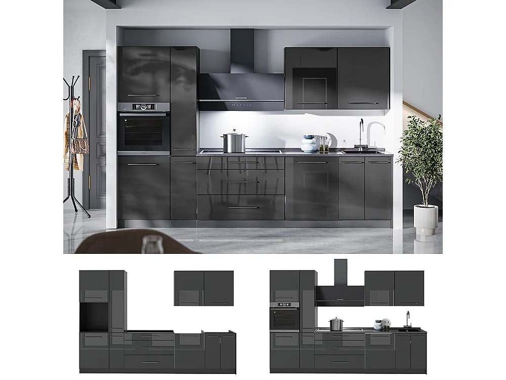 Zabudowa kuchenna antracyt połysk/antracyt 310x51.6x206.8 fame-line