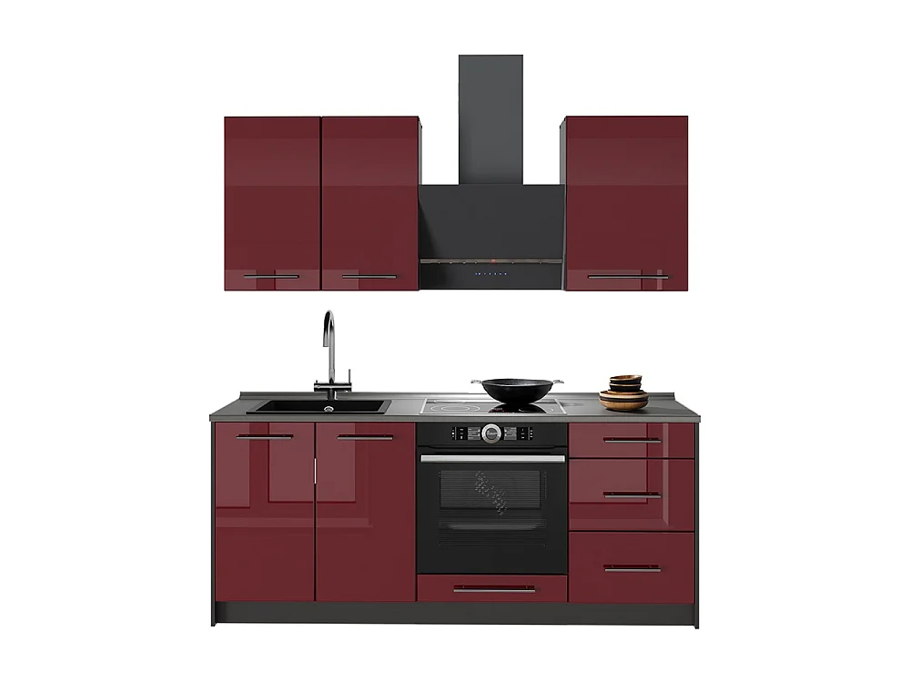Cocina para solteros rojo burdeos alto brillo/antracita 190x60x82 fame-line
