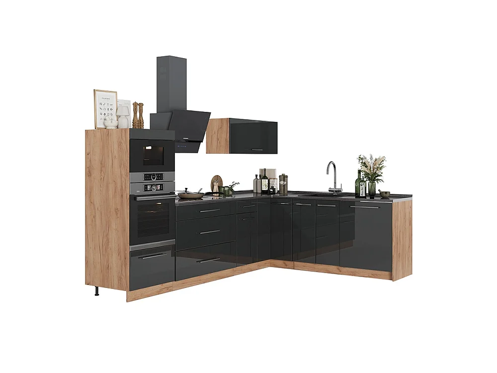 Kuchnia narożna antracyt połysk/dąb goldkraft 287x60x153.6 fame-line