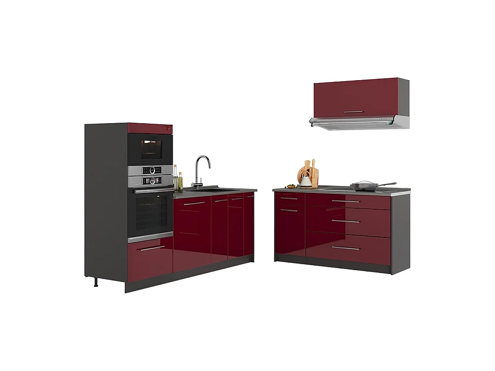 Cocina rojo burdeos alto brillo/antracita 340x60x153.6 fame-line