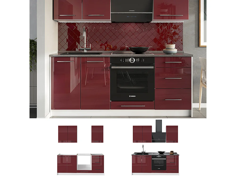 Cocina para solteros rojo burdeos alto brillo/blanco 190x51.6x82 fame-line
