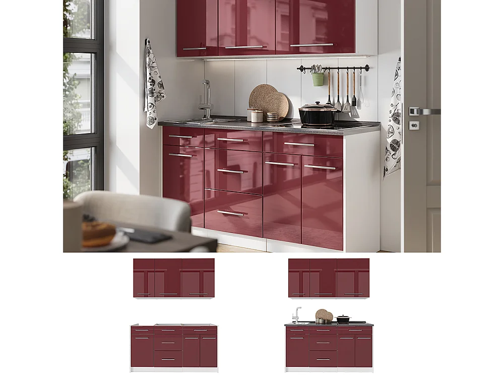Cocina para solteros rojo burdeos alto brillo/blanco 150x60x82 fame-line