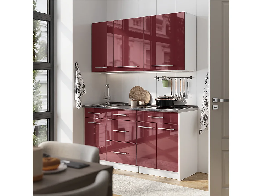 Cocina para solteros rojo burdeos alto brillo/blanco 150x60x82 fame-line