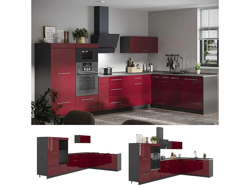 Cocina esquinera rojo burdeos alto brillo/antracita 347x60x153.6 fame-line