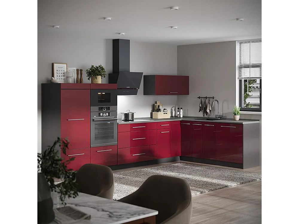 Cocina esquinera rojo burdeos alto brillo/antracita 347x60x153.6 fame-line