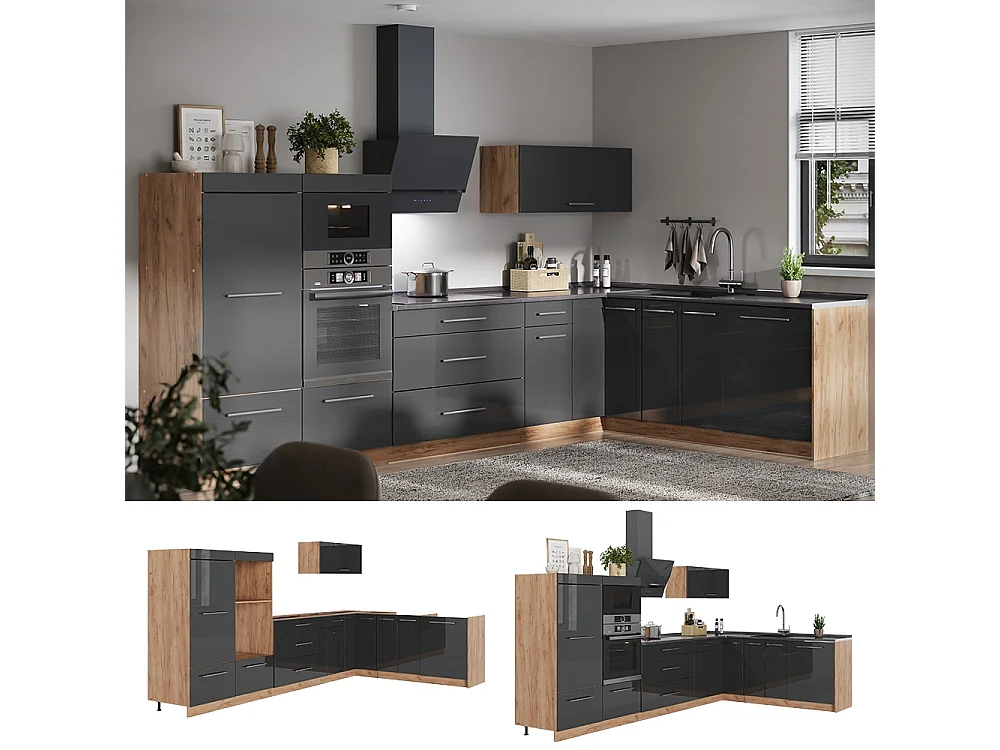Kuchnia narożna antracyt połysk/dąb goldkraft 347x60x153.6 fame-line