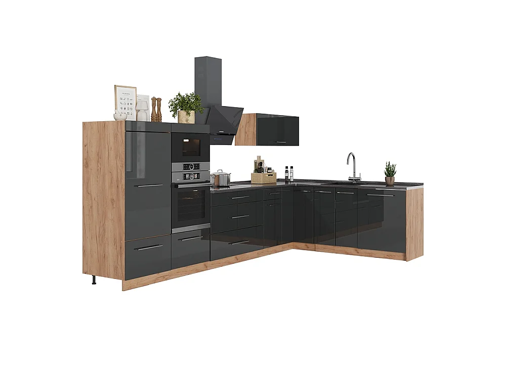 Kuchnia narożna antracyt połysk/dąb goldkraft 347x60x153.6 fame-line