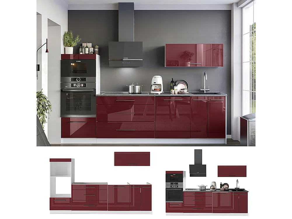 Mueble de cocina rojo burdeos alto brillo/blanco 280x60x153.6 fame-line