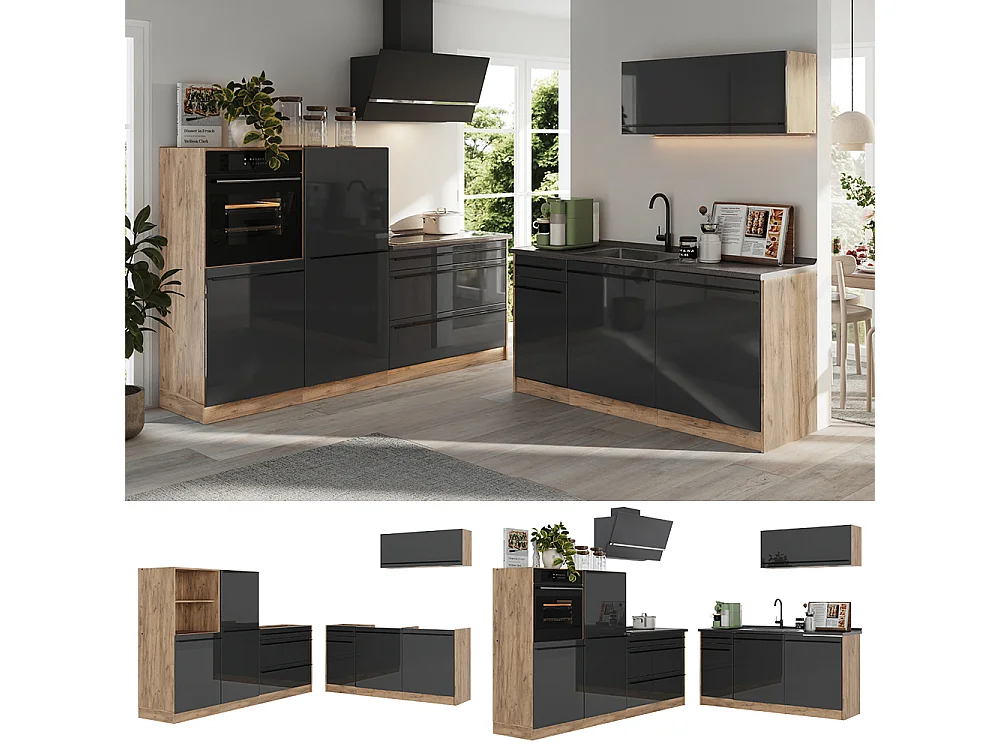 Cuisine anthracite haute brillance/chêne doré 220x60x143 r-line