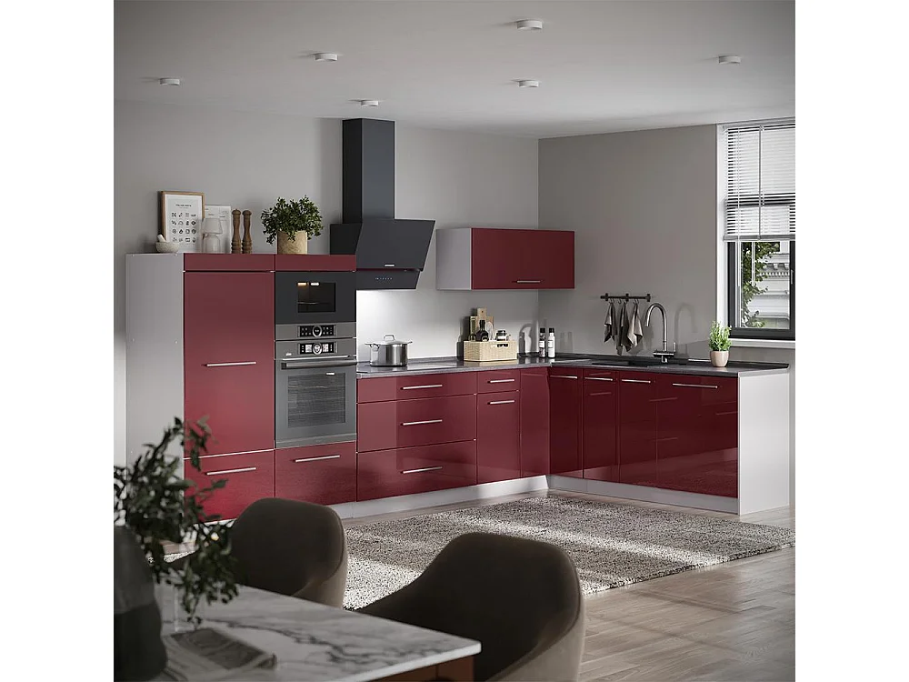 Cocina esquinera rojo burdeos alto brillo/blanco 347x60x153.6 fame-line