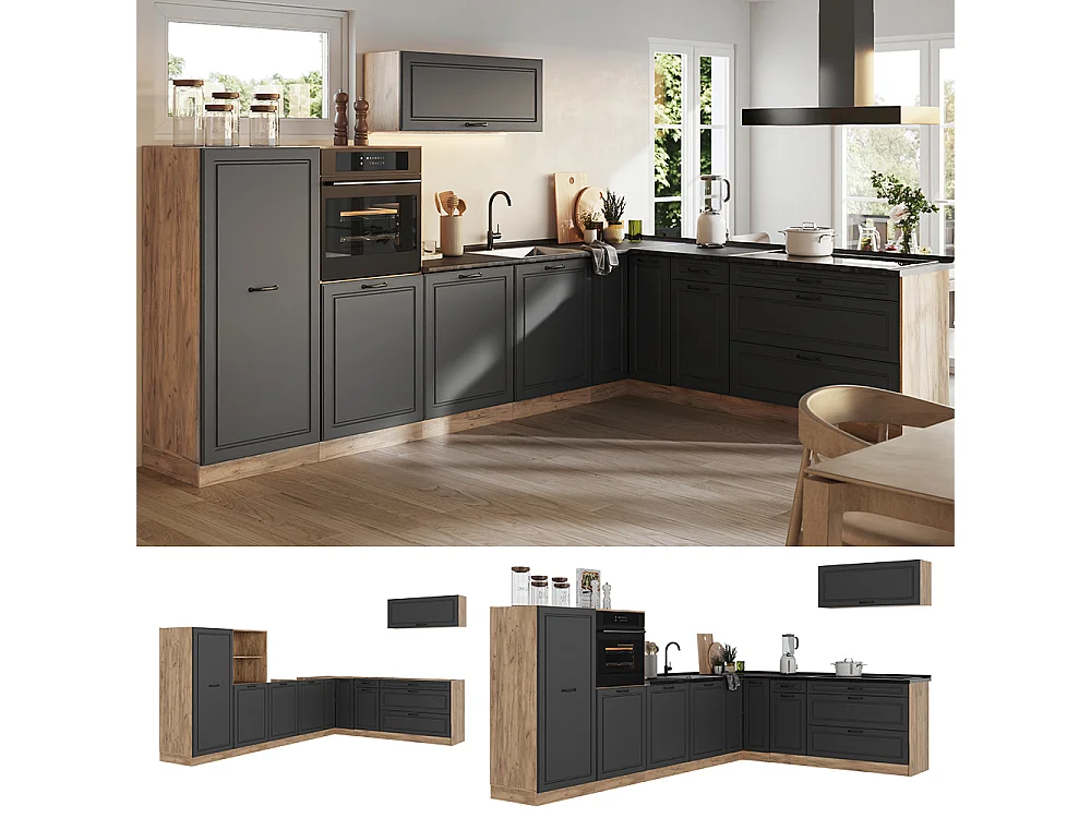 Kogoszczona kuchnia antracyt wiejski/dąb goldkraft 327x60x143 r-line